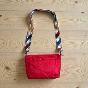 Lug Flare 2 RFID Medium Crossbody Poppy Red with Plaid Multi Color Strap Quilted
